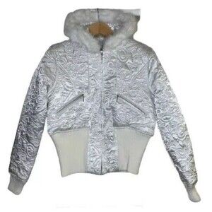 Chebella Jacket Juniors Large White Ribbed Full Zip Up Pockets Lined Hooded